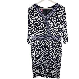 Basler Navy White Print V-neck Mid Length Flattering Luxury Dress W-612 Size 12